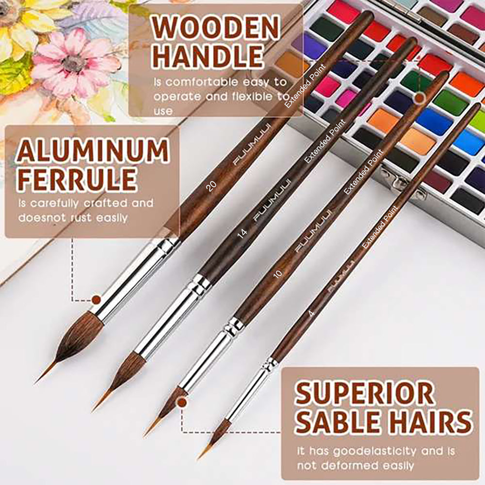 Set profesional de 4 pinceles Fuumuui punta extendida de pelo de marta natural