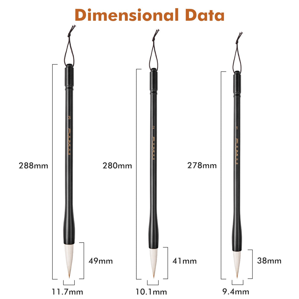 Set de 3 pinceles de caligrafía Fuumuui para acuarela y tinta, mango negro