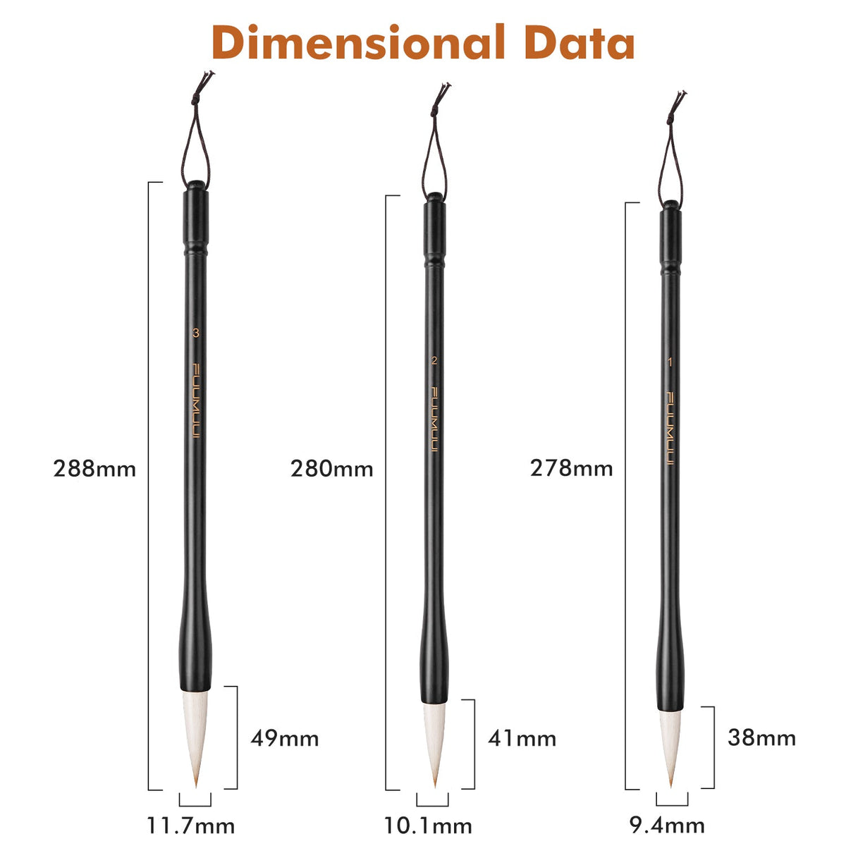 Set de 3 pinceles de caligrafía Fuumuui para acuarela y tinta, mango negro