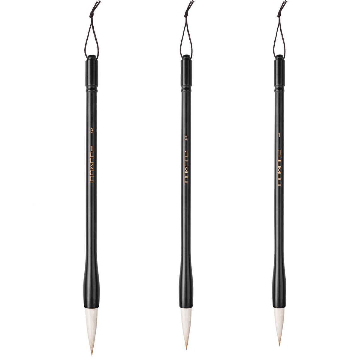 Set de 3 pinceles de caligrafía Fuumuui para acuarela y tinta, mango negro
