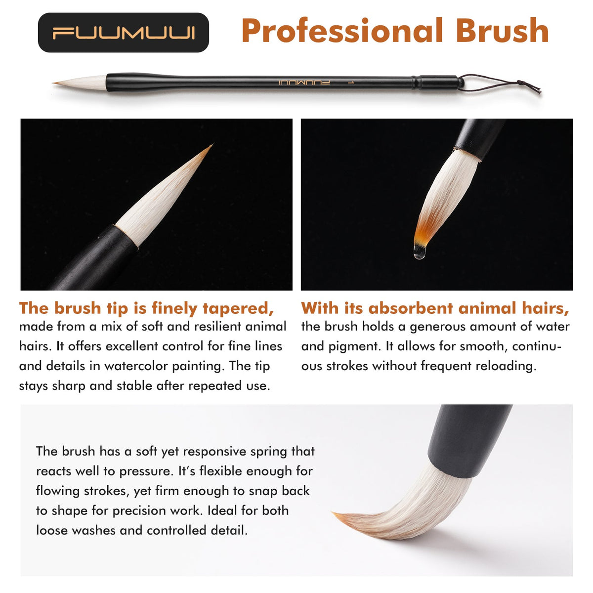 Set de 3 pinceles de caligrafía Fuumuui para acuarela y tinta, mango negro